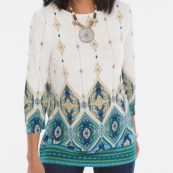 Chico’s Lantern Print Tunic Top Shirt 2 L 12 14 3/4 Sleeve Scoopneck Stretch - Picture 6 of 6
